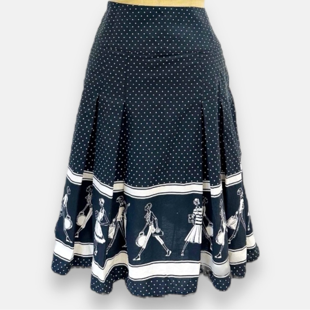 Vintage Liz Claiborne Pleated Midi Skirt Polka Dot Shoppers 100% Cotton Black 4P